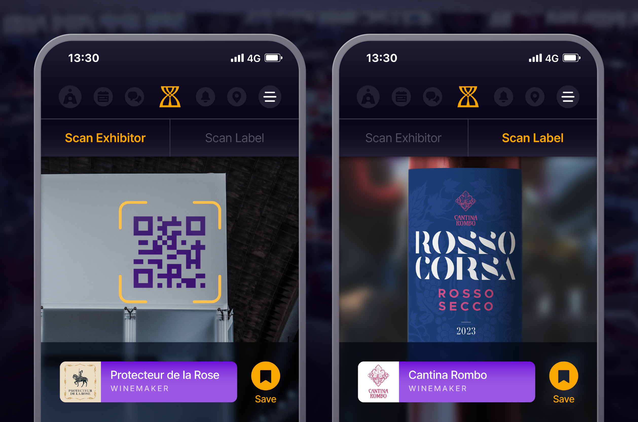 Two Wine Vision app screens showing QR-scan lead capture